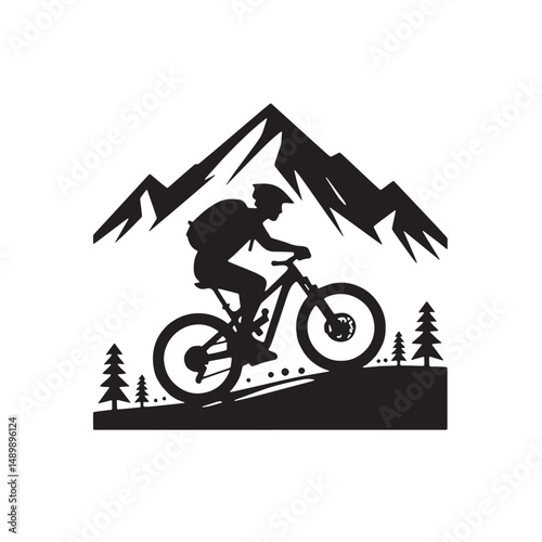Mountain Biking Silhouette line art vector illustration on white background