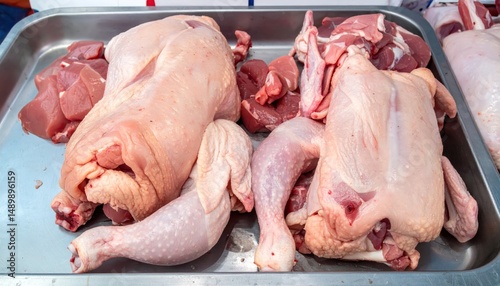 Poultry and Red Meat Variety on a Metal Tray Displaying Diverse Food Choices