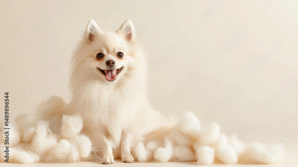 Fototapeta premium A happy white pomeranian spitz dog lying next to its pile of freshly trimmed groomed fur on silver beige white background. fashion elegant minimalism luxury pet grooming pet salon advertising banner