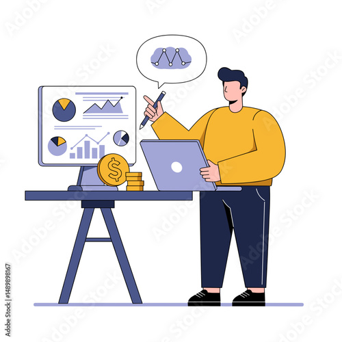 Businessman analyzing financial data on laptop while working with graphs and statistics