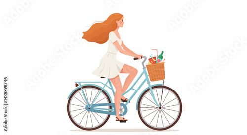 Woman Riding Bicycle with Basket of Vegetables