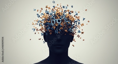 Cluttered mind as jumbled text coming out of a person's head symbolizing mental overload and information overload visual for design or web banner