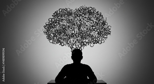 Cluttered mind as jumbled text above a silhouetted person, representing information overload, mental chaos, and cognitive stress for blogs, articles, and psychological studies.