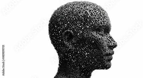 Cluttered mind as jumbled text forming human head silhouette, representing mental chaos and information overload, concept for stress, anxiety, and cognitive issues, use for psychology blog, poster