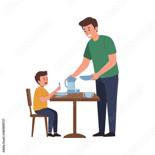 Father helping son with dinner table setup while enjoying family meal time together
