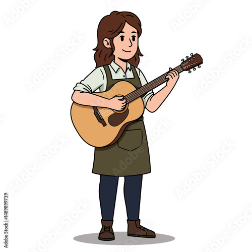 Young person wearing an apron playing guitar 