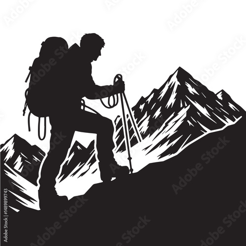 Mountaineering Silhouette line art vector illustration on white background