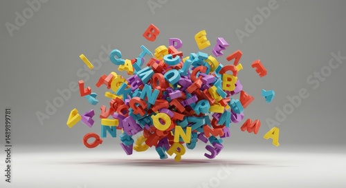 Cluttered mind as jumbled text: a colorful explosion of alphabet letters symbolizing confusion, chaos, and learning challenges for design, web banners, and educational materials.