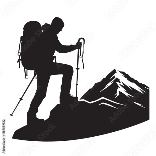 Mountaineering Silhouette line art vector illustration on white background