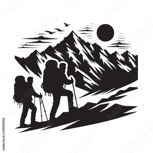 Mountaineering Silhouette line art vector illustration on white background