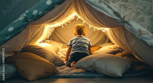 Child building a cozy pillow fort indoors illuminated by fairy lights, creating a magical hideaway and a fun playtime atmosphere.