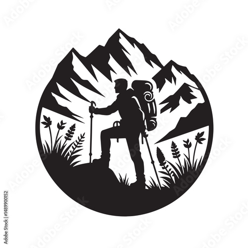 Mountaineering Silhouette line art vector illustration on white background