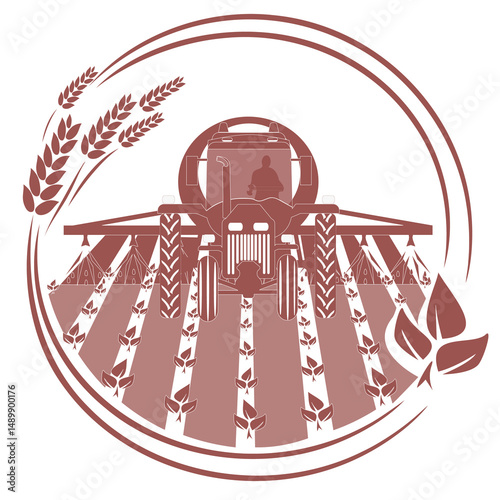 Illustration of a tractor with a sprayer working in a field. Stylized, monochrome,  image of a tractor spraying a field.