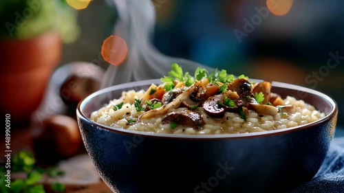 A steaming bowl of creamy risotto is presented, garnished with sauteed mushrooms and bright green herbs, inviting you to indulge in a comforting meal.