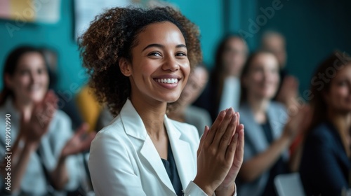 Happy Woman Applauding at Conference  Business Meeting