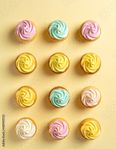 A dozen pastel colored cupcakes arranged in a grid on a yellow background