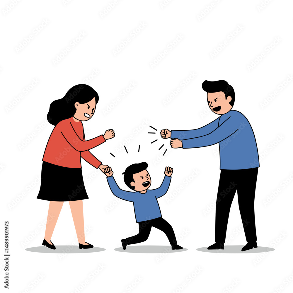 Fototapeta premium Parents arguing with each other while their child is caught in the middle, looking upset in a tense setting with copy space