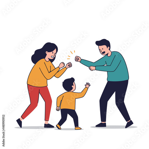 Playful family having fun and pretending to argue while engaging with their child