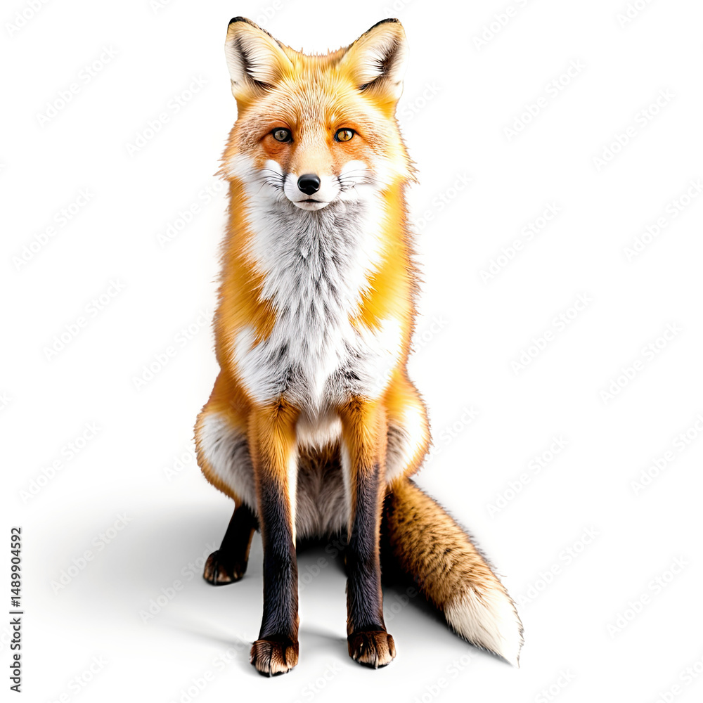 Fototapeta premium A red fox sits upright against a black backdrop, showcasing its striking orange and white fur.