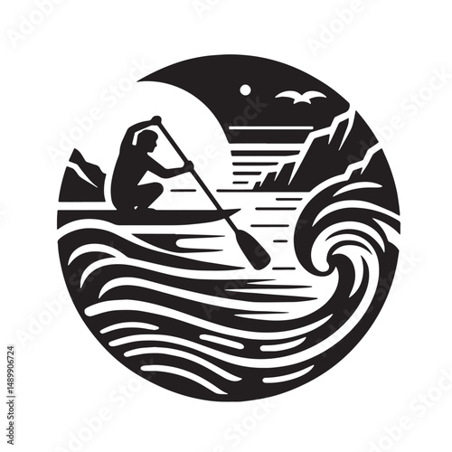 Paddleboarding Silhouette line art vector illustration on white background