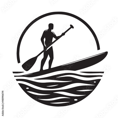 Paddleboarding Silhouette line art vector illustration on white background