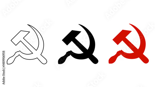 Soviet Union communist symbol hammer and sickle icon collection: black outline, silhouette, and red color. USSR symbol isolated on white background