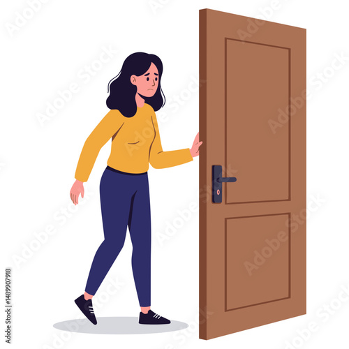 Young woman entering room through open door while feeling curious and adventurous