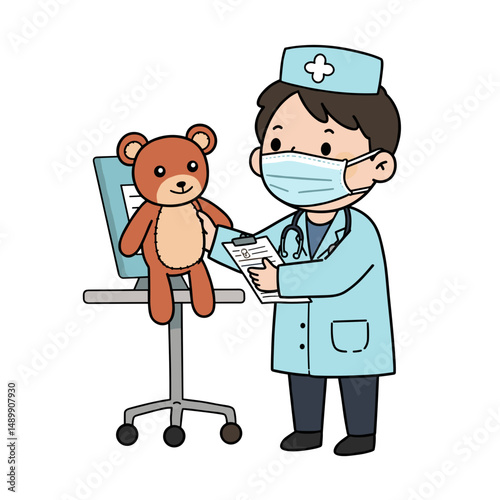 Pediatric nurse examining a teddy bear with a medical chart and wearing a mask in a cheerful clinic with copy space