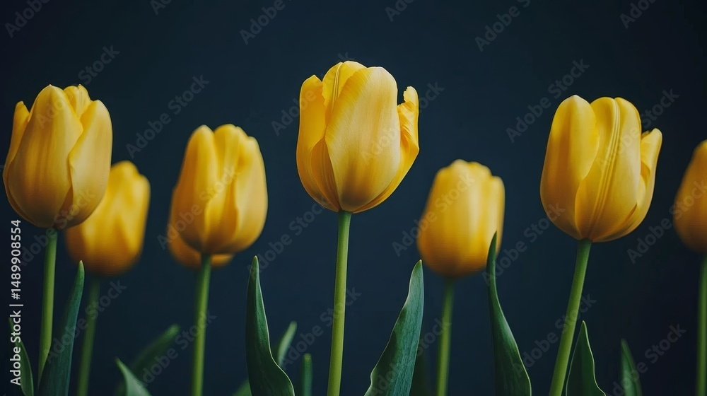 Obraz premium Dramatic low-angle shot of yellow tulips against stormy sky, National Geographic-style nature photography