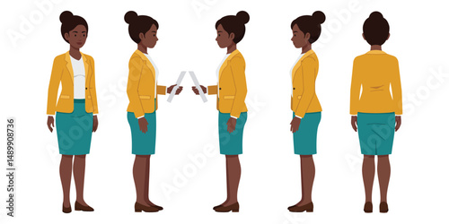“Professional Black Woman Character in Yellow Blazer and Teal Skirt – Front, Side, and Back Views Illustration”