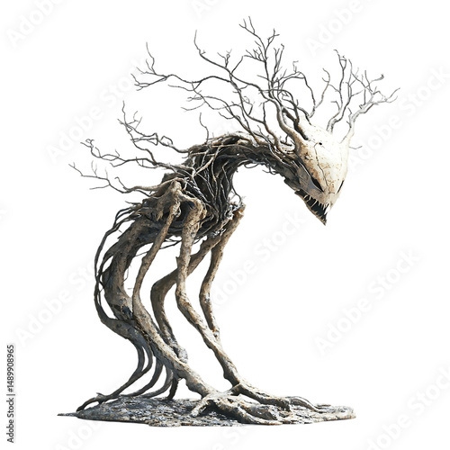 Digital rendering of an imagined creature, resembling a tree or plant, with contorted, gnarled limbs and a complex form. Its design suggests fantasy or surreal themes.