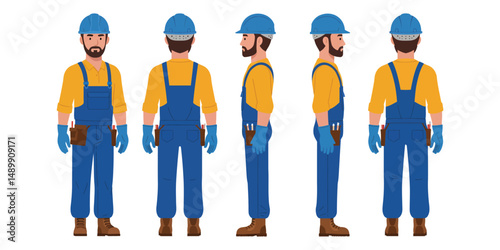 “Male Construction Worker Character in Yellow Helmet and Blue Overalls – Front, Side, and Back Views Illustration”