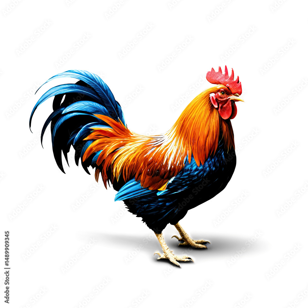 Fototapeta premium Vibrant rooster stands tall with bright orange, blue and red feathers on a dark background