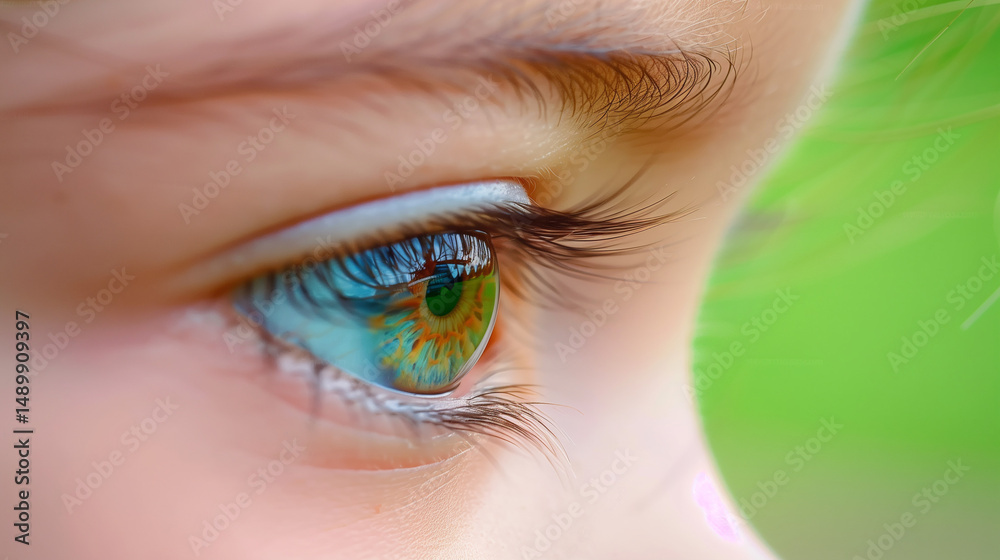 Fototapeta premium Blurred Eye with Sharp Horizon in Pupil Symbolizing Vision and Perception Limits