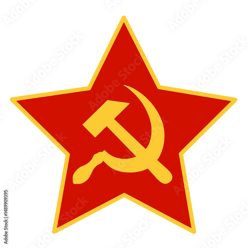 Hammer and sickle yellow communist symbol inside red star frame. USSR symbol isolated on white background