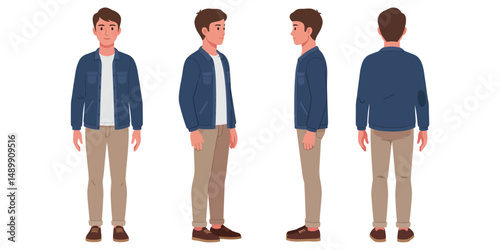 “Casual Young Man Character in Jacket and Pants – Front, Side, and Back Views Illustration”