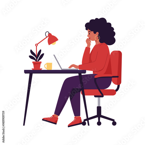 “Woman Sitting at Desk Working on Laptop – Modern Remote Work or Study Illustration”
