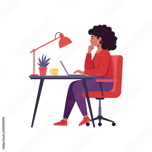 “Woman Sitting at Desk Working on Laptop – Modern Remote Work or Study Illustration”