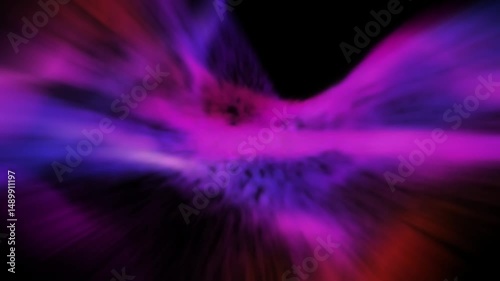 Abstract animation of flowing smoky or nebula-like clouds. Vibrant pink, blue, and red colors blend and move on black