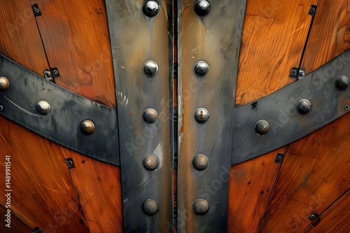 Intricate Wooden Panels Securely Fastened with Metal Plates and Rivets: A Study in Craftsmanship and Strength, Showcasing Detailed Texture and Industrial Design Elements.