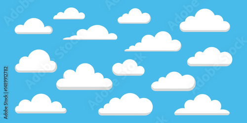 “Variety of White Fluffy Clouds on Bright Blue Sky – Cartoon Cloud Vector Collection”