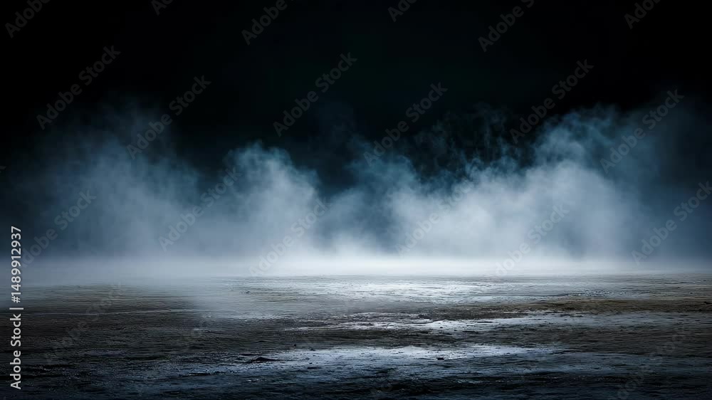 Mysterious fog rolling over dark ground in dark atmosphere