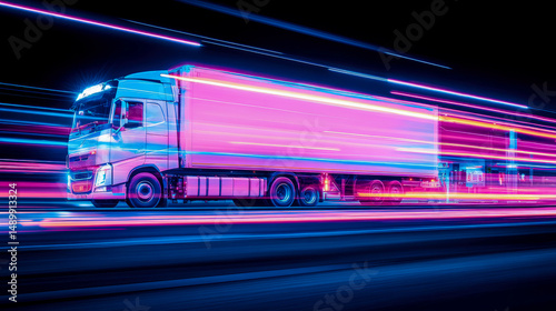Night transport concept: Moving truck with motion light trails, modern logistics, global transportation banner or poster