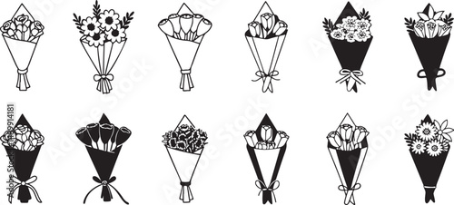 Wrapped Floral Bouquets. Black and White Flower Bundle Art.