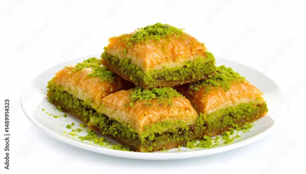 Stacked baklava squares on a white plate. Stacked baklava squares on a white plate.