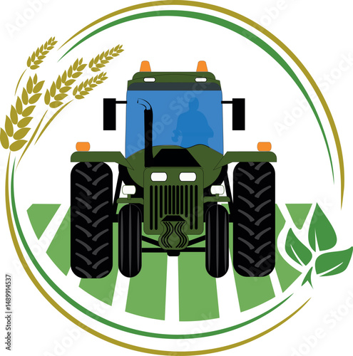 Vector illustration of a green tractor in a field, depicted in a stylized design with a round frame. The concept of agriculture and plant cultivation.