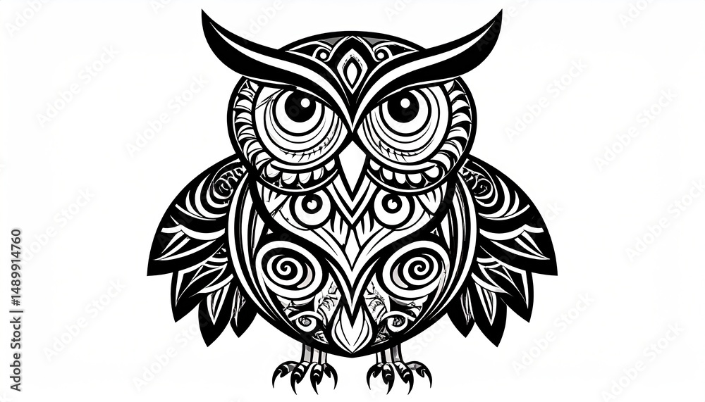Fototapeta premium Ornate, black and white stylized owl design.