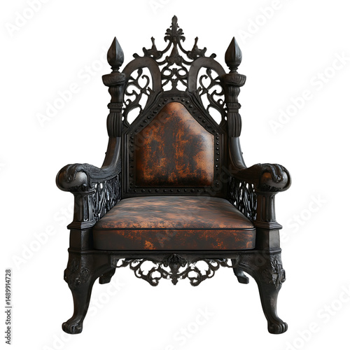Detailed, dark, ornate throne chair with a rich leather seat, showcasing intricate carvings.  The chair's design is elegant and imposing.