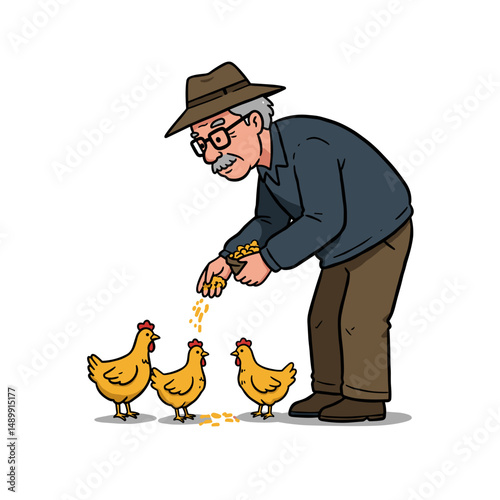 Elderly man feeding chickens while enjoying his time on the farm 
