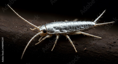 Macro Photography of a Shiny Silverfish on Dark Wood